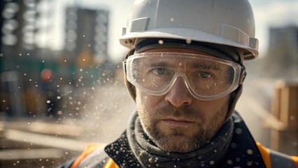 Aufkleber - The project manager is captured in a closeup shot wearing safety goggles and a helmet as they inspect concrete being poured with specks of dust visible in the air around them