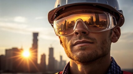 Aufkleber - The reflection of skyscrapers in the workers safety glasses suggests the ambitious nature of construction work as the sun casts a golden glow on his face blending hard labor with