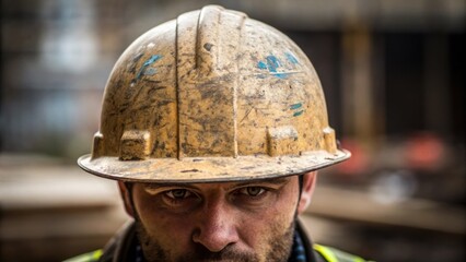 Poster - Worn Hard Hat A closeup emphasizing the aged hard hat resting slightly askew on the workers head with visible scratches and paint chips symbolizing the years of service and