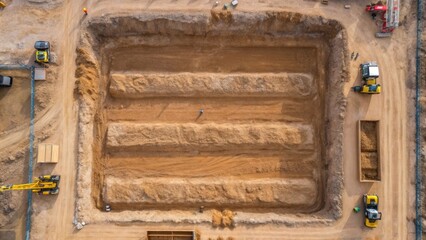 Poster - A closeup aerial photograph of a large foundation excavation depicting the layered soil and gravel with earthmoving equipment visible and workers overseeing the progress.