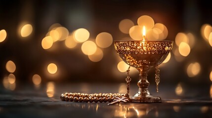 Canvas Print - Lit candle, rosary beads, peaceful night