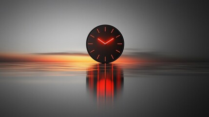 Poster - Red clock hand reflecting on calm water at sunset.
