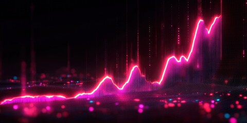 Vibrant Neon Graph Visualization of Financial Growth and Investment Trends in 3D with Dramatic Spotlight Effect