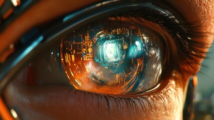 Poster - Close-Up View of a Futuristic Eye with Circuitry and Digital Patterns, Capturing the Blend of Technology and Humanity in a Stunning Sci-Fi Aesthetic