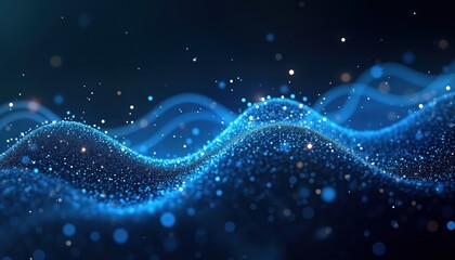 Poster - Abstract digital backdrop. Blue glowing network lines, bokeh lights on dark background create AI tech concept. Dynamic wave pattern suggest motion, energy. Fractal design. Suitable for tech