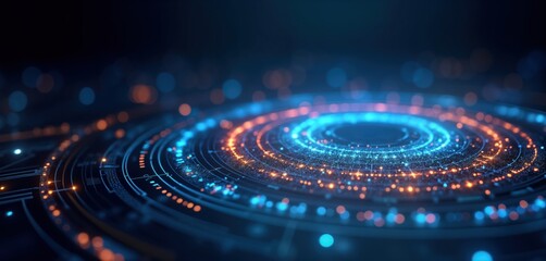 Poster - Abstract tech background. Futuristic digital innovation. Blue, orange glowing particles form concentric circles. Complex network design. Dark blue backdrop. Modern graphic design. Looks like
