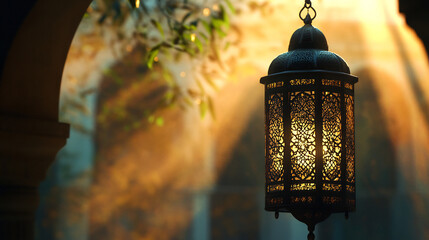 Ornate hanging Arabic lantern with glowing light and sun rays in an arched outdoor setting. Islamic tradition Ramadan and spirituality concept