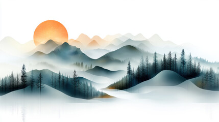 Poster - Serene landscape featuring mountains, forests, and a large sun rising over misty hills in soft pastel colors.