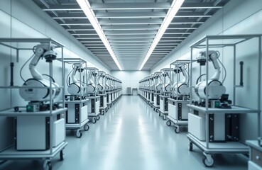 Poster - Many robots work in cleanroom environment. They perform precise operation. Scene shows advanced tech and automation. Teamwork and precision are key. Location suggests high-tech manufacturing facility.