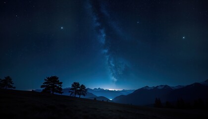 Wall Mural - silhouette trees stand against night sky filled with stars, milky way. mountains in background bathe