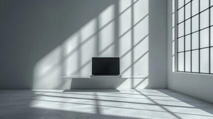 Poster - Laptop on minimalist shelf in sunlit room.