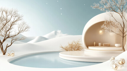 Wall Mural - A serene winter scene featuring a modern, curved structure beside a tranquil pool and minimalist trees.