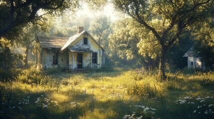 Canvas Print - Sunlit Abandoned House in Woods; Peaceful Nature Scene;  Storytelling, Game Background