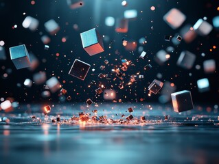 Poster - Floating geometric shapes create a mesmerizing display of light and movement in a digital environment