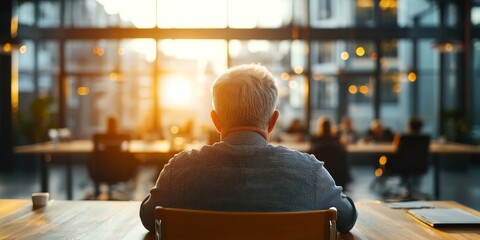Poster - Business meeting at sunset highlighting engaged individual in modern conference room