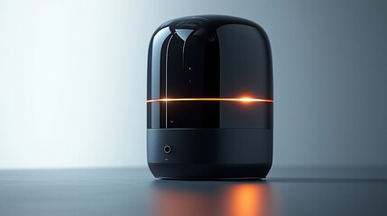 Poster - Sleek black smart speaker with orange light.