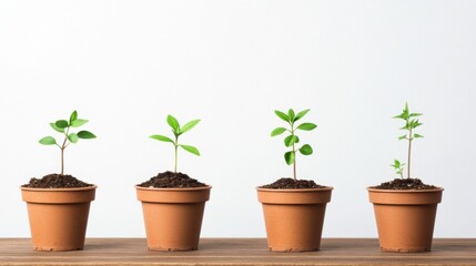 Wall Mural - Four small plants in terracotta pots showing growth stages against white background.