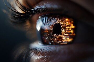 Poster - Eye reflecting city lights at night with intricate details showcasing urban vibrancy and technology