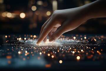 Poster - Digital interaction with a glowing touchscreen in a dark environment showcasing modern technology