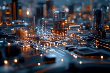 Poster - High-tech circuit board displaying glowing microchips and intricate connections in a futuristic city environment