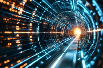 Poster - Light trails rushing through a digital tunnel creating a futuristic atmosphere with vivid colors and motion effects
