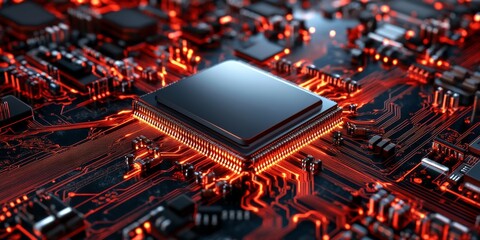 Poster - Intricate close-up of a glowing microchip on a circuit board showcasing advanced technology and design