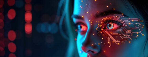 Poster - Closeup of womans eye in biometrics tech futuristic design. Colorful tech interface patterns light up eye. Cybersecurity concept future tech interface. Colorful tech eye scan security design. Facial