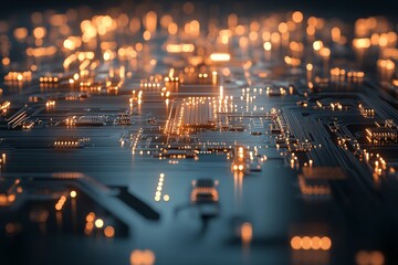 Poster - Close-up view of a circuit board with glowing lights highlighting electronic components and connections at night