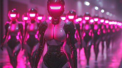 Poster - Pink-lit female robots in a futuristic hallway.