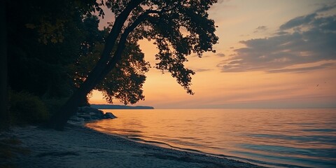 Canvas Print - Sunset over calm lake, tree silhouette. Peaceful beach scene, nature backdrop