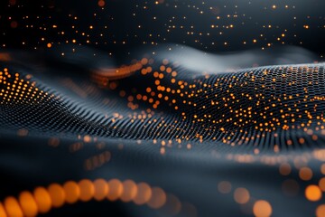 Poster - Abstract visualization of glowing orange particles flowing over a textured surface in a dark environment