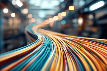 Poster - Colorful electrical cables winding through a modern warehouse with blurred lighting effects and a dynamic perspective