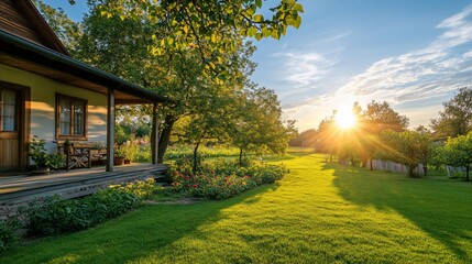 Wall Mural - Sunset over rural house, garden, lawn. Peaceful countryside scene. Ideal for real estate, travel