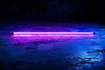 Poster - Blue and purple neon light on concrete cement floor and black background studio, Abstract high-tech.