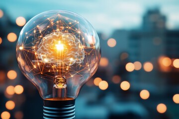Poster - Light bulb filled with a glowing brain symbolizes innovation and creativity in a city setting at twilight