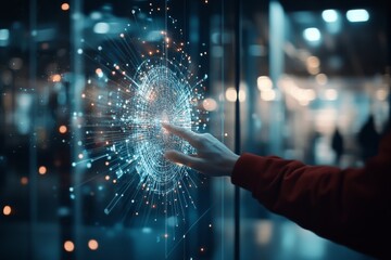 Poster - Interactive digital display showcasing advanced technology in a modern urban environment during an evening event