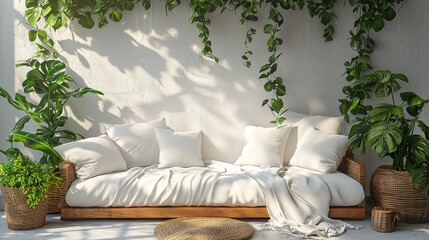 Canvas Print - Sofa with plants on patio, sunlit wall background