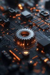 Poster - Close-up of a metallic gear integrated into a glowing circuit board