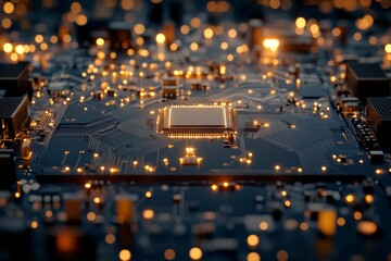 Poster - Intricate details of a microchip illuminated by glowing lights showcasing modern technology in a close-up view