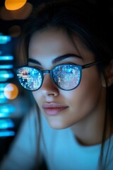 Poster - Woman wearing glasses with digital display reflecting on lenses in a dimly lit environment during evening hours