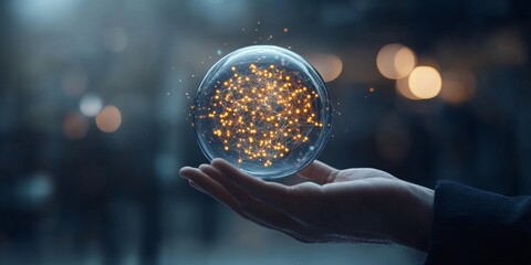 Poster - Mystical orb of light held in hand symbolizes connection and wonder in an urban environment at twilight