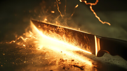 Close-up shot of a sharp steel knife and an electric planer with depth of field effect. Electric Fields. Illustration