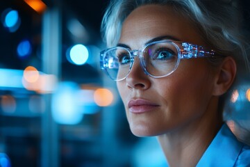 Poster - Woman wearing stylish glasses looks thoughtfully at digital data in a modern office environment during evening hours