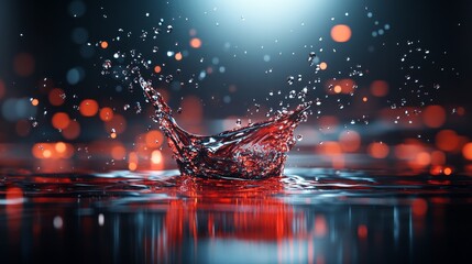Poster - Splashes of red liquid create a dynamic texture against a shimmering background filled with light reflections