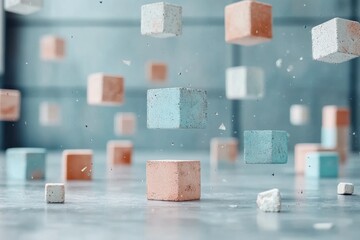 Poster - Floating pastel cubes create an illusion of weightlessness in an abstract space during bright daylight