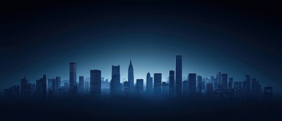 Nighttime urban skyline silhouette with dark blue background and bright city lights illuminating the horizon