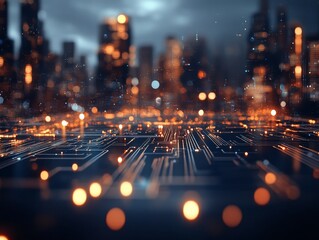 Poster - City skyline illuminated by digital circuits during twilight with a futuristic vibe
