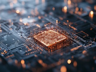 Poster - Complex electronic circuit board showcasing a glowing processor with intricate details and vibrant signals