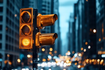 Wall Mural - Traffic lights glowing orange at dusk in a bustling city street