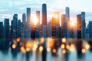Poster - City skyline illuminated by sunset with reflections on water during twilight
